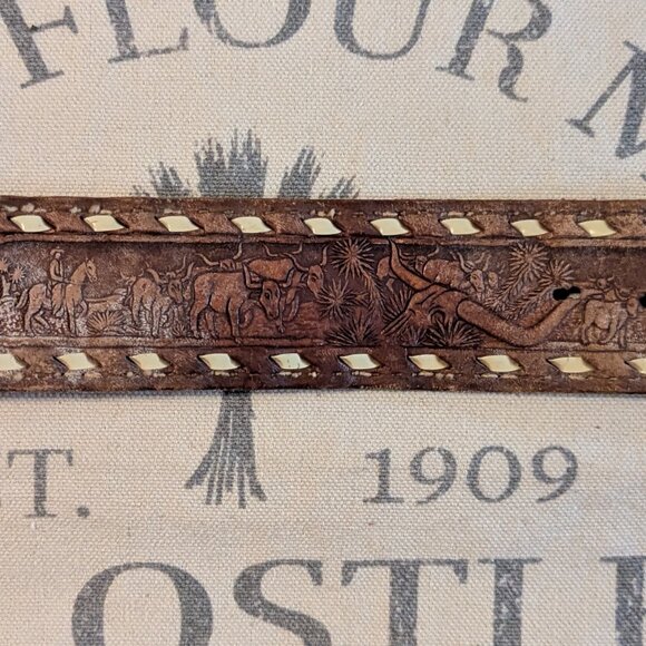 1979 Tex Tan Leather Belt with Nocona bull rider buckle main image 8